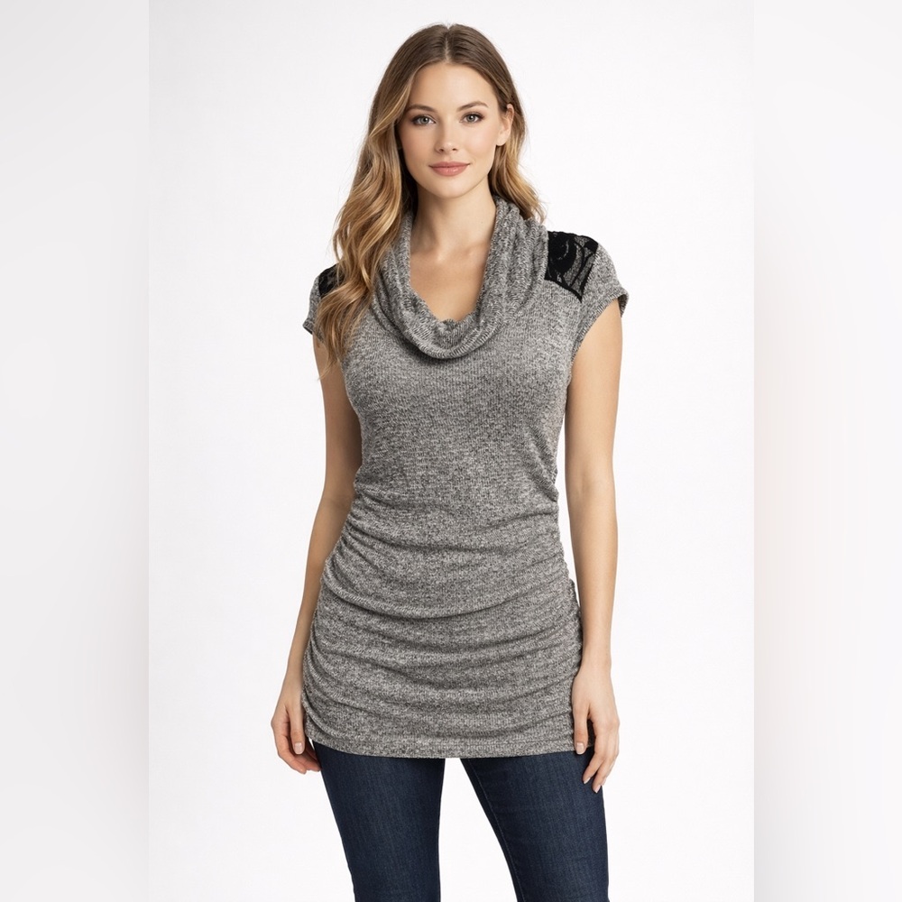 Vintage IZ Stretch Top with Ruched Sides & Lace Shoulder Detail